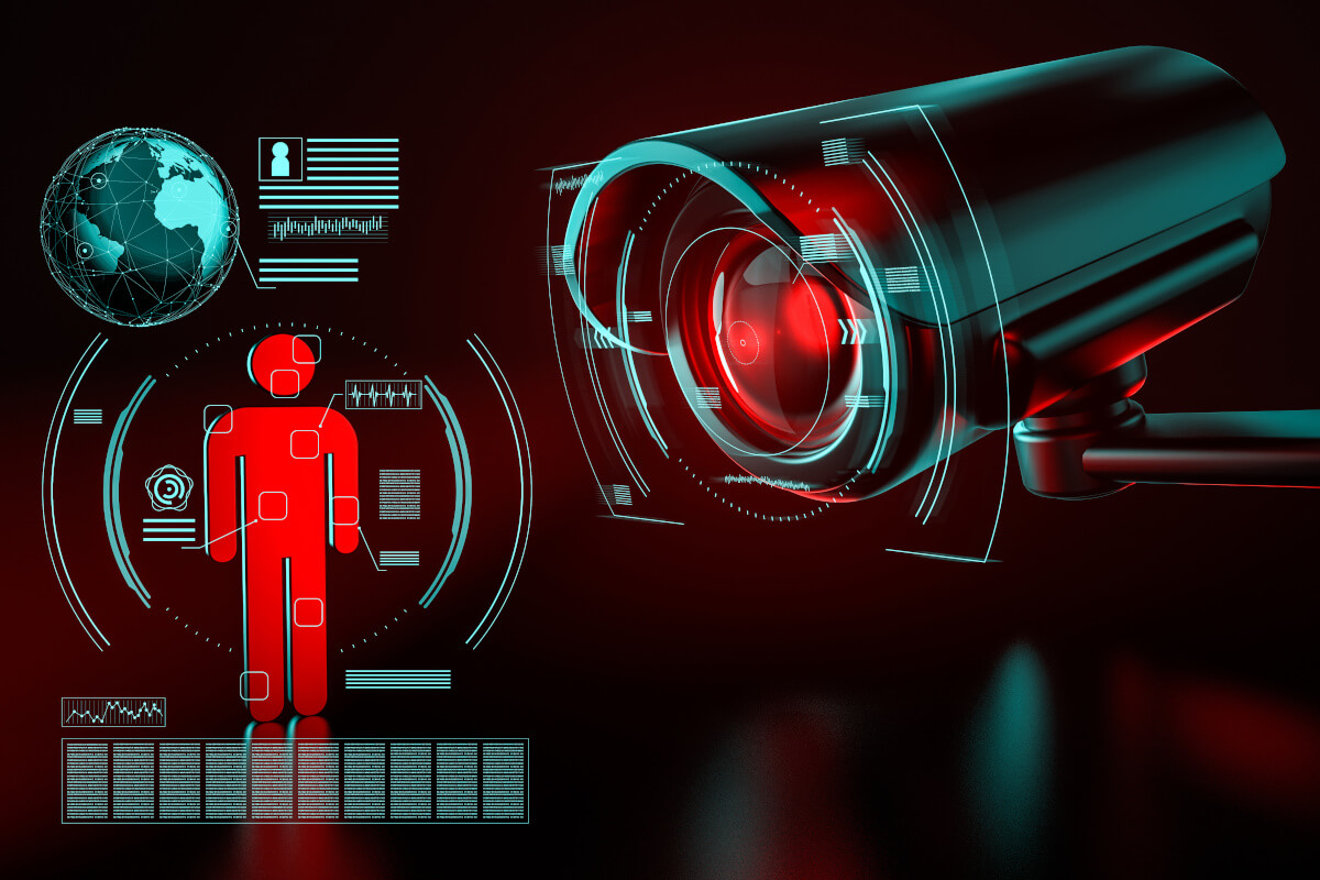 Big surveillance camera focusing on a human icon and collecting data 3D rendering