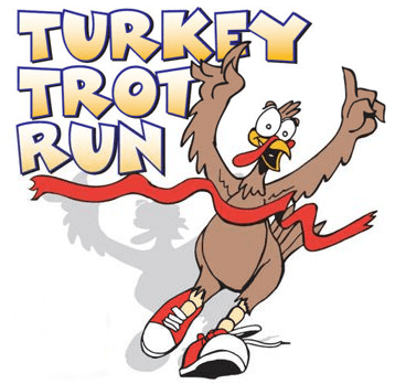 Turkey running through a red tape below the words 'Turkey Trot Run'