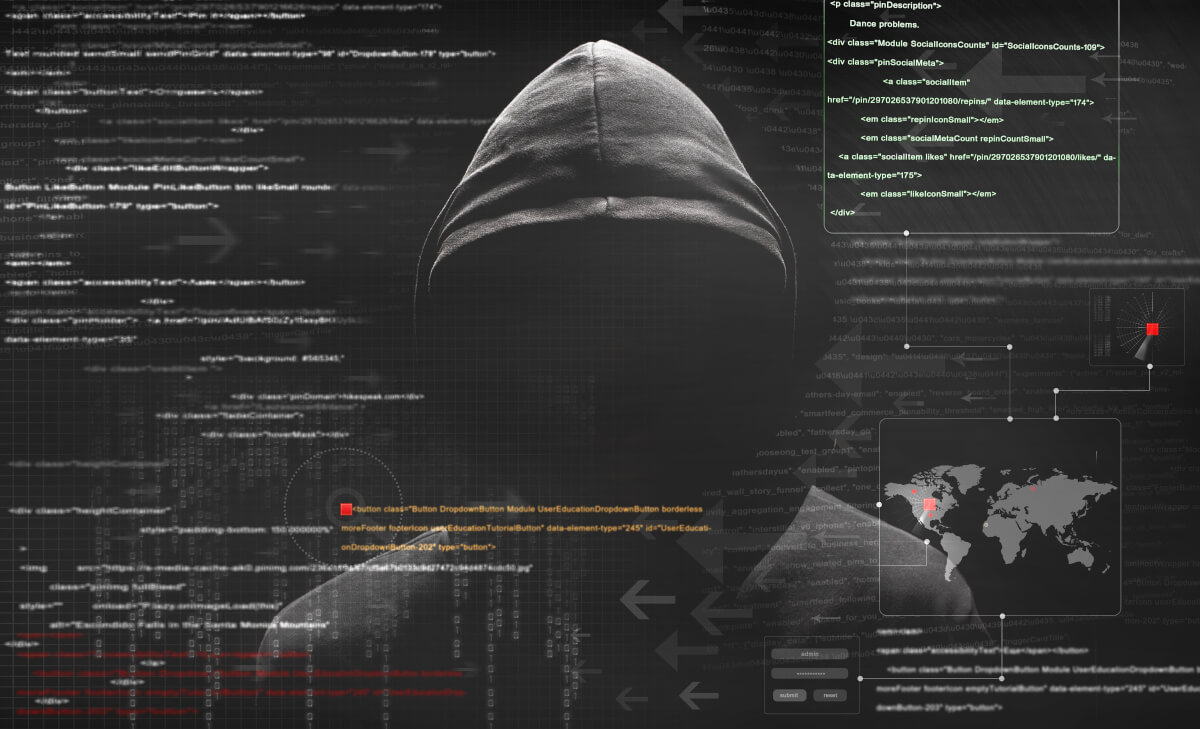 Hacker in a hood writing code targeting several locations around the world