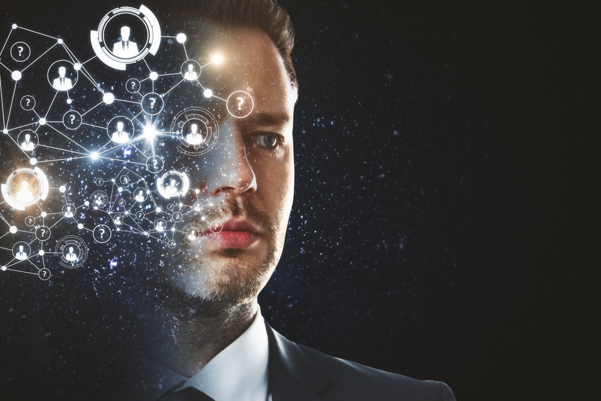  A close up of the face of a man in a suit, with half of his face covered by a web of icons