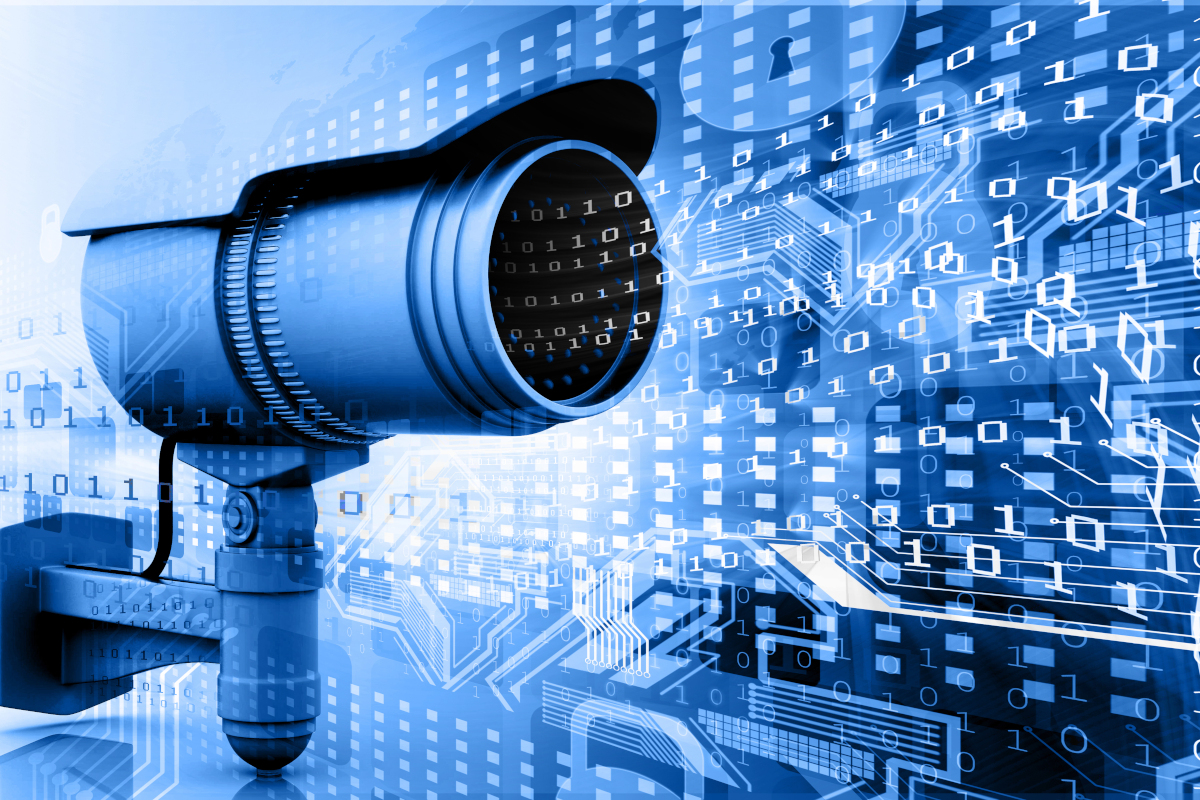 An IP Surveillane camera against a blue digital background