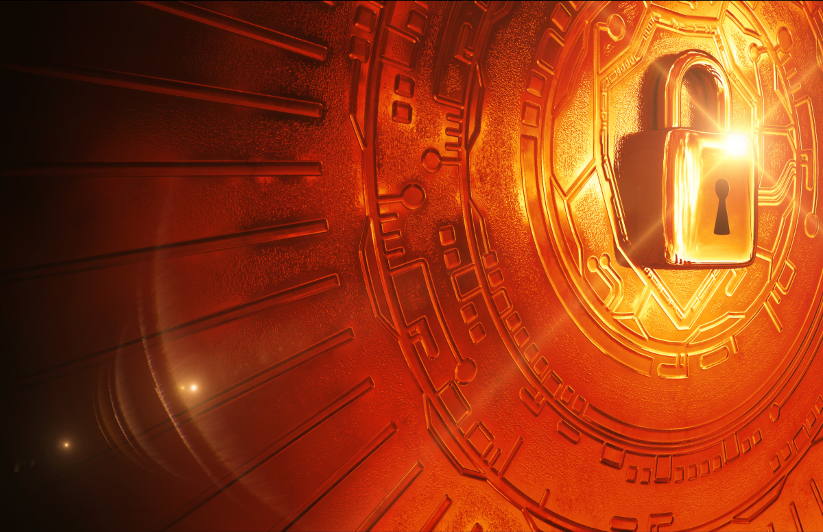 A reddish orange safe dial with circuitry patterns and a padlock on it to represent cyber security.