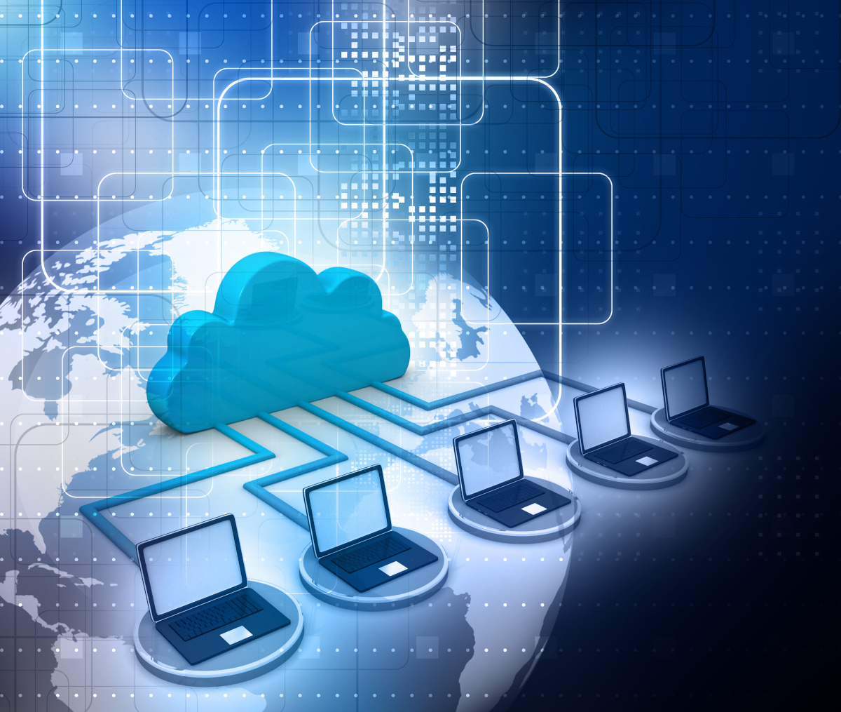 A cloud with 5 computers connected to it by lines