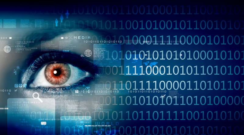 Eye viewing digital information represented by ones and zeros.